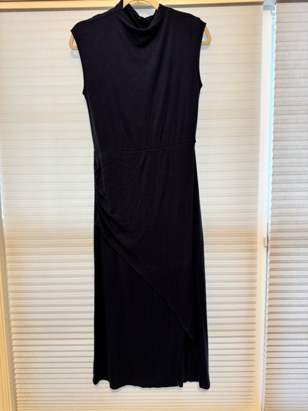Sleeveless Navy Blue Maxi Dress with Mock Neck and Draped Skirt
